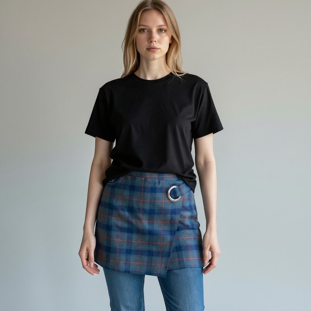 Free People Plaid Mini Skirt Blue Green Check Wrap Grommet Ring Size 2